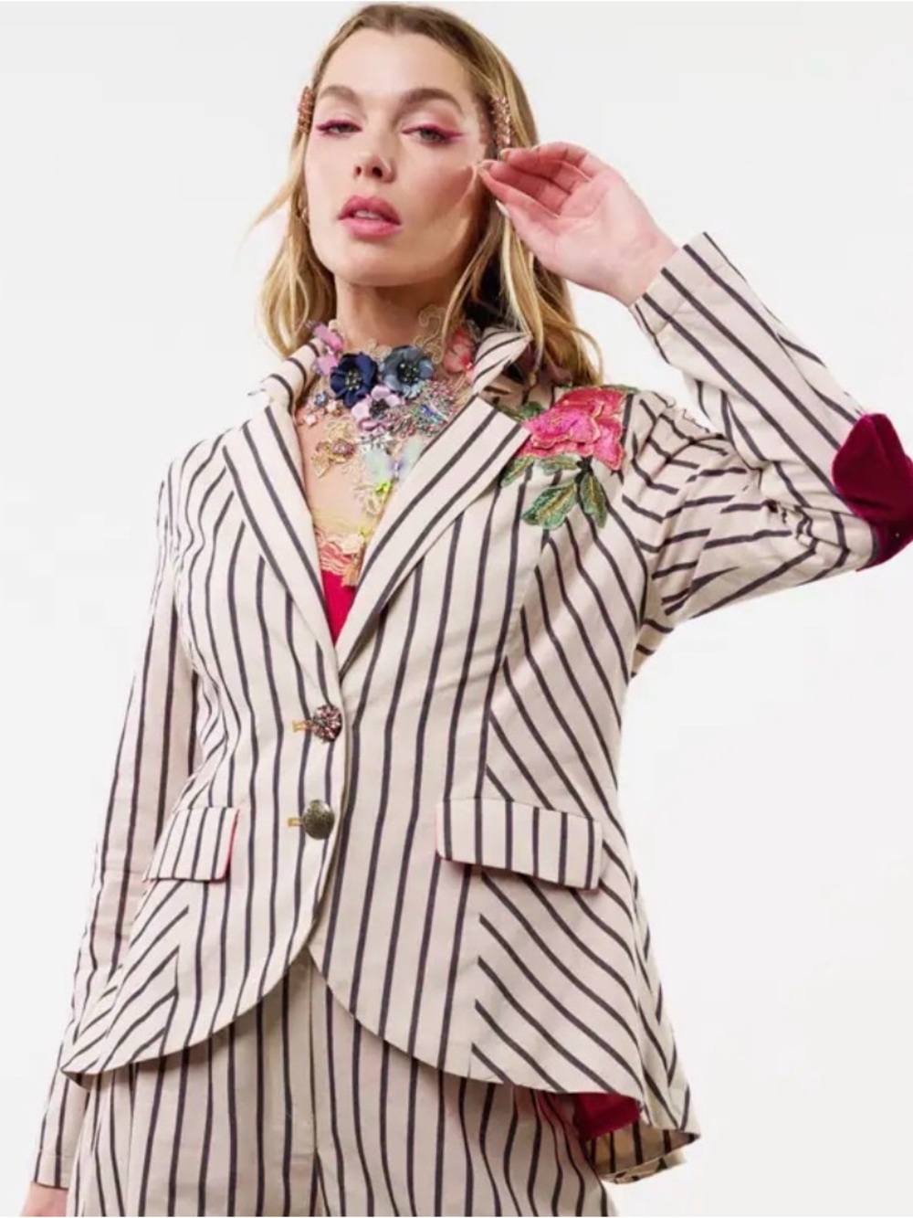 Derby Princess Striped Cream Blazer with Pink Floral Embroidery SOOOO PRETTY ON!